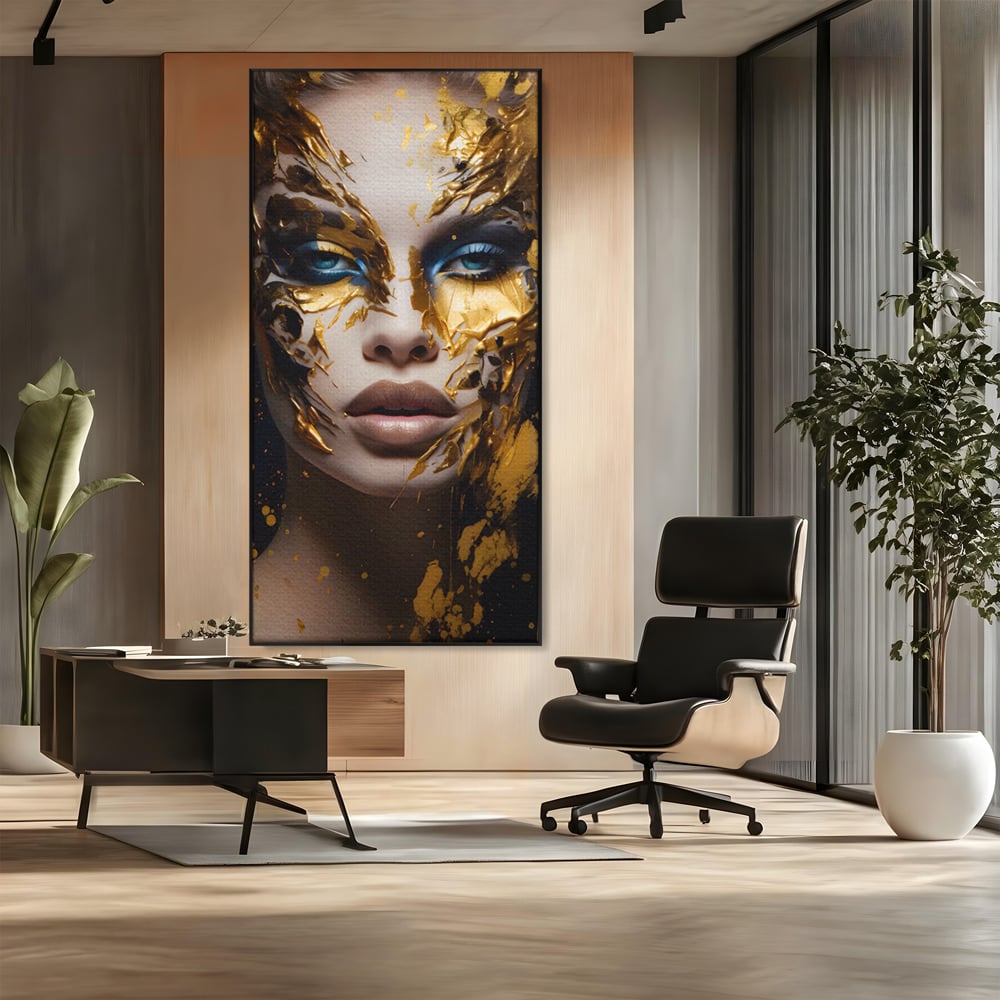 Tablou canvas cu tablou canvas cu portret de femeie si foita de aur, in rama de aluminiu negru, pe perete intr-un birou